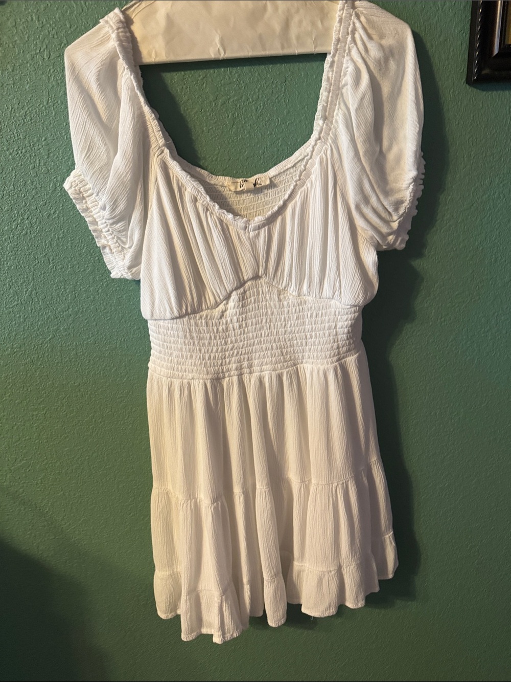 Blush White Short Puff Sleeve Smocked Bodice Short Dress